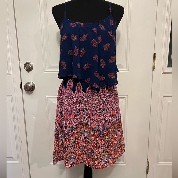 Navy and Pink Patterned Dress Size Large - Picture 4 of 4